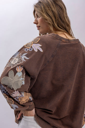BlueVelvet French Terry Top with Floral Embroidery Sleeves in Charcoal ON ORDER