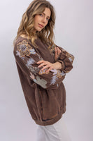 BlueVelvet French Terry Top with Floral Embroidery Sleeves in Charcoal ON ORDER