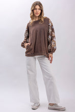 Load image into Gallery viewer, BlueVelvet French Terry Top with Floral Embroidery Sleeves in Charcoal ON ORDER
