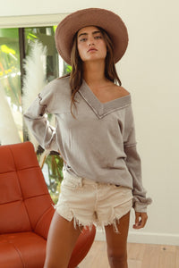 BiBi Solid Color Knit Top with Thermal Waffle Knit Sleeves in Mocha