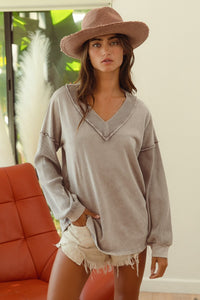 BiBi Solid Color Knit Top with Thermal Waffle Knit Sleeves in Mocha