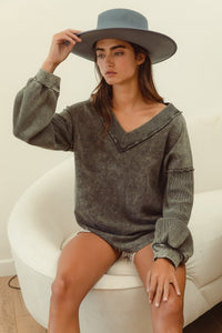 BiBi Solid Color Knit Top with Thermal Waffle Knit Sleeves in Black Charcoal