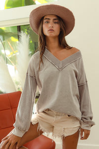 BiBi Solid Color Knit Top with Thermal Waffle Knit Sleeves in Mocha