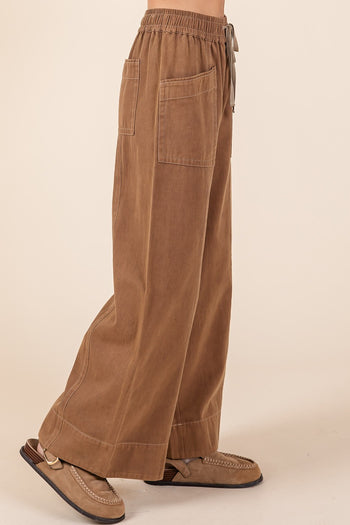 Mittoshop Mineral Washed Twill Wide Leg Pants in Cocoa