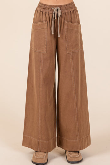 Mittoshop Mineral Washed Twill Wide Leg Pants in Cocoa