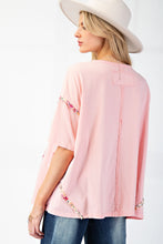 Load image into Gallery viewer, Easel OVERSIZED Flower Patch Mineral Washed Knit Top in Coral Pink
