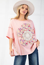 Load image into Gallery viewer, Easel OVERSIZED Flower Patch Mineral Washed Knit Top in Coral Pink
