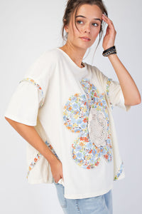 Easel OVERSIZED Flower Patch Mineral Washed Knit Top in Ivory