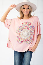 Load image into Gallery viewer, Easel OVERSIZED Flower Patch Mineral Washed Knit Top in Coral Pink
