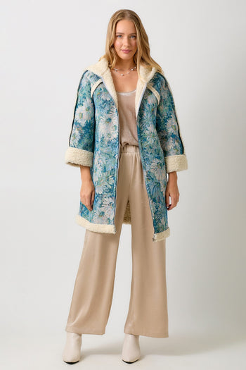 Mystree Floral Jacquard and Shearing Midi Coat in Seamfoam/Blue