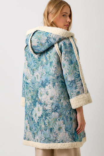 Mystree Floral Jacquard and Shearing Midi Coat in Seamfoam/Blue
