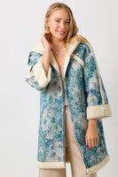 Mystree Floral Jacquard and Shearing Midi Coat in Seamfoam/Blue