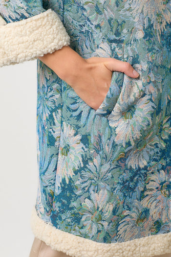 Mystree Floral Jacquard and Shearing Midi Coat in Seamfoam/Blue