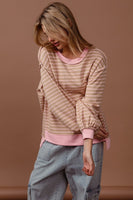 BiBi French Terry Striped Top with Uneven Hemline in Taupe/Blush