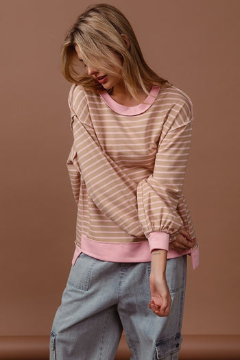 BiBi French Terry Striped Top with Uneven Hemline in Taupe/Blush