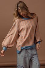 Load image into Gallery viewer, BiBi French Terry Striped Top with Uneven Hemline in Camel/Denim
