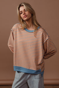 BiBi French Terry Striped Top with Uneven Hemline in Camel/Denim