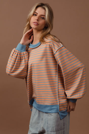 BiBi French Terry Striped Top with Uneven Hemline in Camel/Denim