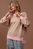 BiBi French Terry Striped Top with Uneven Hemline in Taupe/Blush
