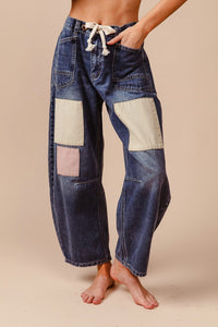 BiBi Multi Colored Patchwork Denim Barrel Jeans in Denim