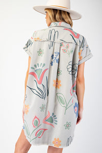 Easel Mineral Washed Printed Twill Dress in Grey