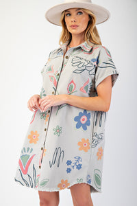 Easel Mineral Washed Printed Twill Dress in Grey