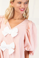 GiGio A-Line Mini Dress with Contrasting Bows on Front in Blush/White