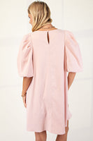 GiGio A-Line Mini Dress with Contrasting Bows on Front in Blush/White