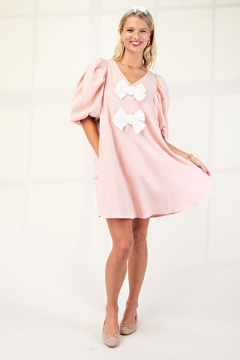 GiGio A-Line Mini Dress with Contrasting Bows on Front in Blush/White