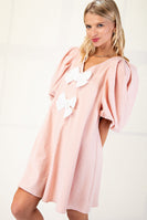 GiGio A-Line Mini Dress with Contrasting Bows on Front in Blush/White