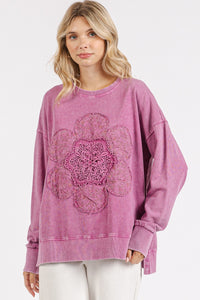 Mittoshop Mineral Washed Top with Front Flower Patch in Orchid