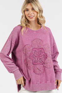 Mittoshop Mineral Washed Top with Front Flower Patch in Orchid