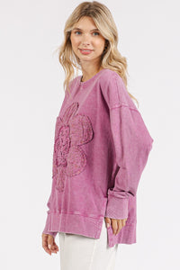 Mittoshop Mineral Washed Top with Front Flower Patch in Orchid