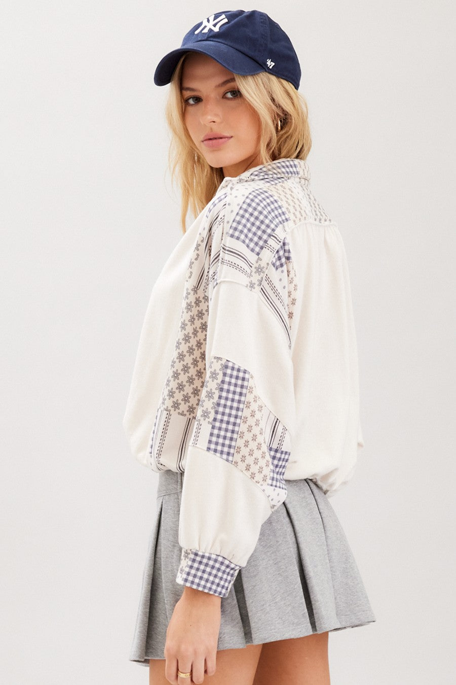 ILLA ILLA Slouchy Cotton Terry Printed Patched Top in Ecru Multi