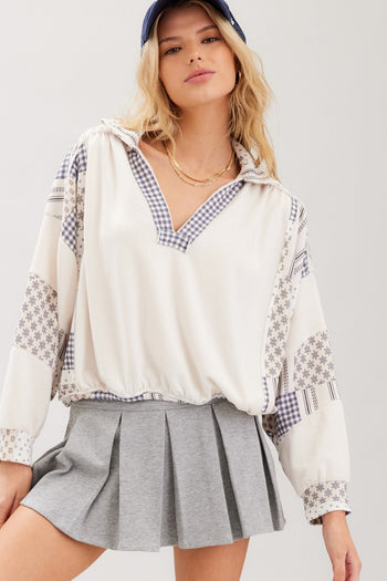 ILLA ILLA Slouchy Cotton Terry Printed Patched Top in Ecru Multi