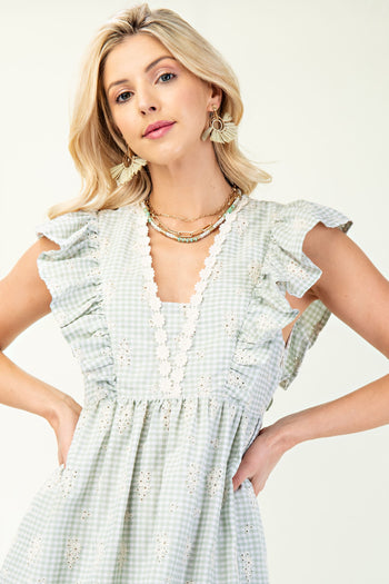 GiGio Gingham Print Midi Dress with Floral Embroidery in Sage