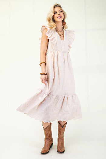 GiGio Gingham Print Midi Dress with Floral Embroidery in Butter