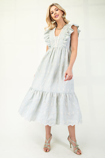 GiGio Gingham Print Midi Dress with Floral Embroidery in Sage
