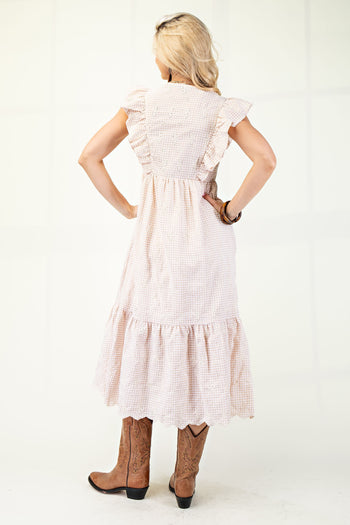 GiGio Gingham Print Midi Dress with Floral Embroidery in Butter