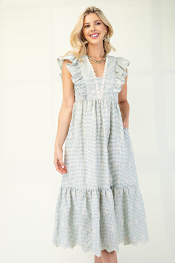 GiGio Gingham Print Midi Dress with Floral Embroidery in Sage