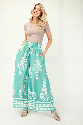 GiGio Printed Wide Leg Pants in Emerald