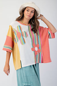 Easel OVERSIZED Color Mix Daisy Patched Top in Yellow White