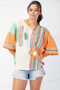 Easel OVERSIZED Color Mix Daisy Patched Top in Green Ivory