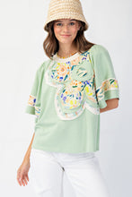 Load image into Gallery viewer, Easel Soft Washed Terry Knit top with Large Flower Patch in Pistachio
