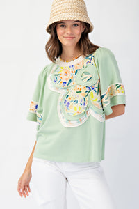 Easel Soft Washed Terry Knit top with Large Flower Patch in Pistachio