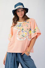 Load image into Gallery viewer, Easel Soft Washed Terry Knit top with Large Flower Patch in Peach
