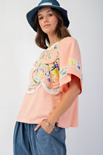 Load image into Gallery viewer, Easel Soft Washed Terry Knit top with Large Flower Patch in Peach
