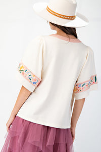 Easel Soft Washed Terry Knit top with Large Flower Patch in Ivory