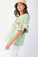 Load image into Gallery viewer, Easel Soft Washed Terry Knit top with Large Flower Patch in Pistachio
