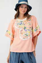 Load image into Gallery viewer, Easel Soft Washed Terry Knit top with Large Flower Patch in Peach
